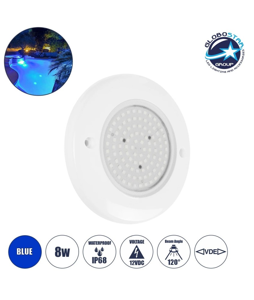 GLOBOSTAR® POOLARTY 61717 Υποβρύχιο Φωτιστικό για Σιντριβάνια-Πισίνες LED 8W 560lm 120° DC 12V Αδιάβροχο IP68 Μπλε Dimmable - Bridgelux SMD Chip - 1m VDE Rubber Καλώδιο - Μ13 x Π13 x Υ2cm - 3 Χρόνια Εγγύηση